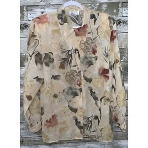 Vintage Tess Brown Floral Button Front Blouse Polyester Shoulder Pads Size 16